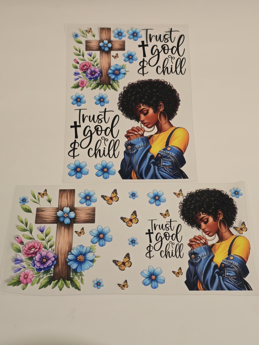 UV DTF Wrap Set- Trust God & Chill, Black Woman Prayer Design, Blue Floral